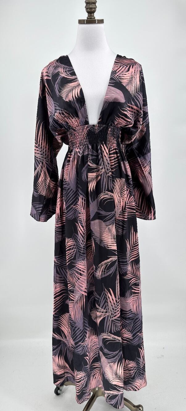MISA Los Angeles Bardot Pink Black Miguel Palm Deep V Neck Maxi Dress Sz XS